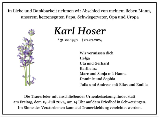 Traueranzeige von Karl Hoser von Schwetzinger Zeitung