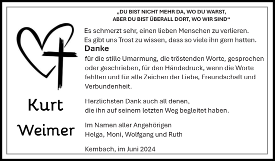 Traueranzeige von Kurt Weimer von Fränkische Nachrichten