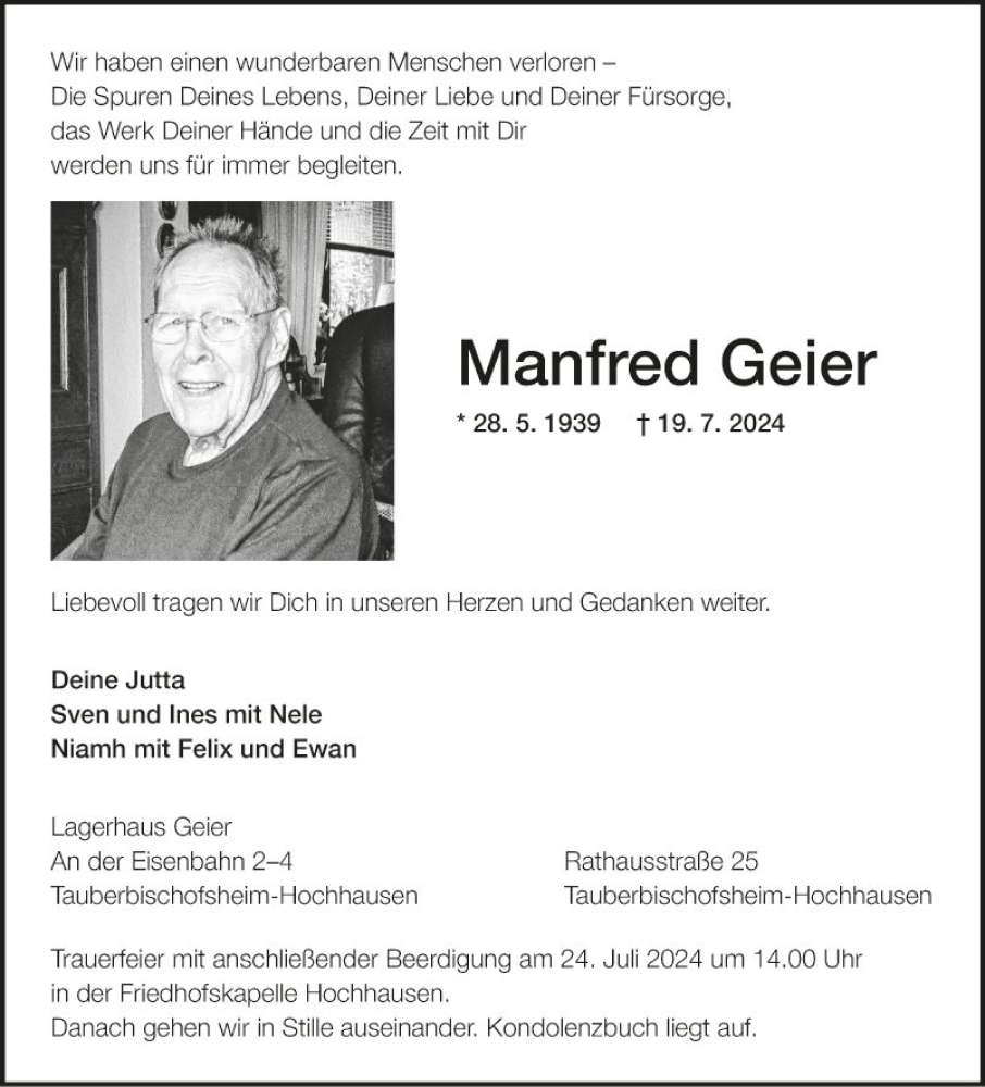  Traueranzeige für Manfred Geier vom 23.07.2024 aus Fränkische Nachrichten