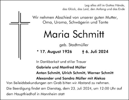 Traueranzeige von Maria Schmitt von Mannheimer Morgen