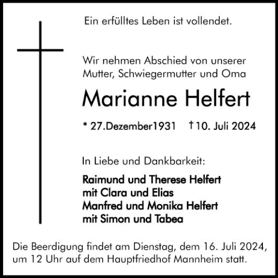 Traueranzeige von Marianne Helfert von Mannheimer Morgen