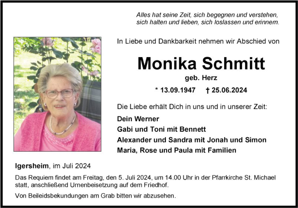  Traueranzeige für Monika Schmitt vom 02.07.2024 aus Fränkische Nachrichten