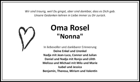 Traueranzeige von Oma Rosel von Fränkische Nachrichten