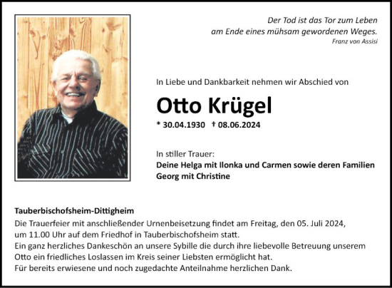 Traueranzeige von Otto Krügel von Fränkische Nachrichten