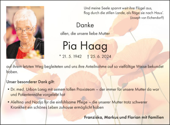 Traueranzeige von Pia Haag von Fränkische Nachrichten