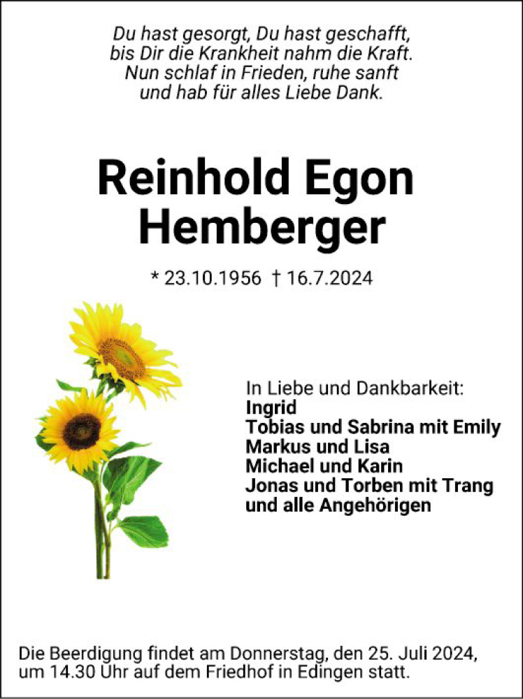  Traueranzeige für Reinhold Egon Hemberger vom 20.07.2024 aus Mannheimer Morgen