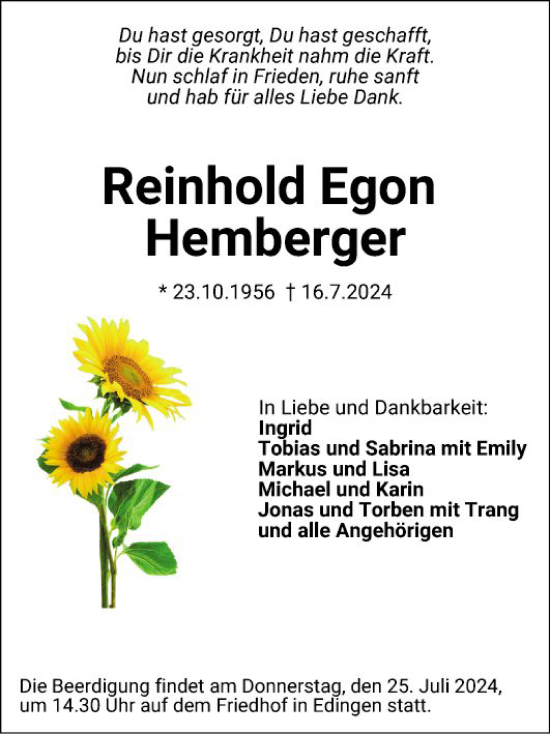 Traueranzeige von Reinhold Egon Hemberger von Mannheimer Morgen