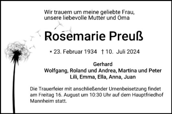 Traueranzeige von Roemarie Preuß von Mannheimer Morgen