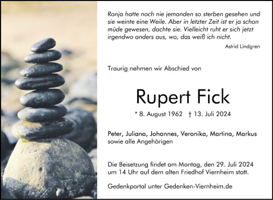 Traueranzeige von Rupert Fick von Mannheimer Morgen