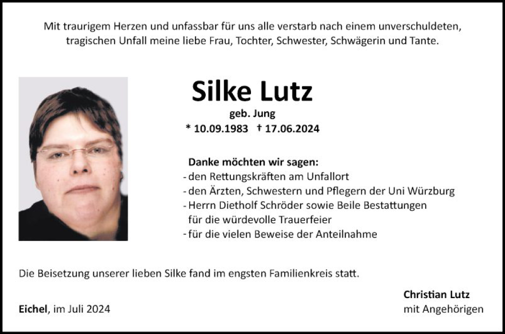  Traueranzeige für Silke Lutz vom 20.07.2024 aus Fränkische Nachrichten