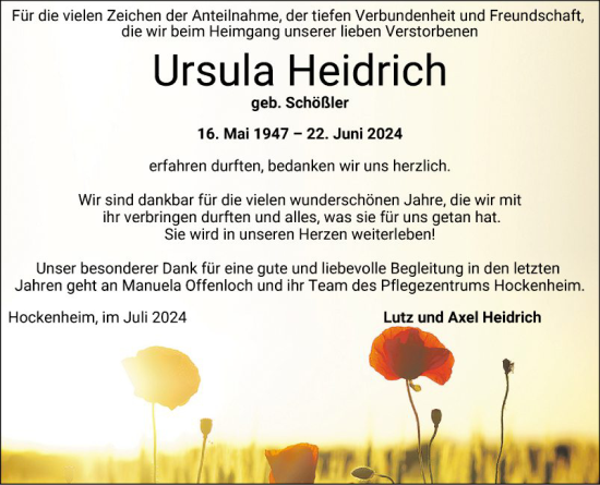 Traueranzeige von Ursula Heidrich von Schwetzinger Zeitung