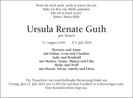 Traueranzeige von Ursula Renate Guth von Schwetzinger Zeitung