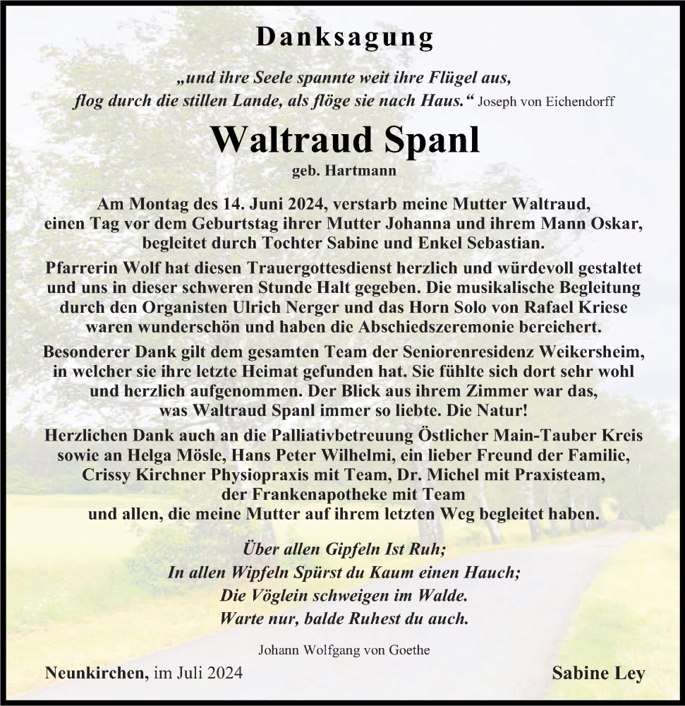  Traueranzeige für Waltraud Spanl vom 05.07.2024 aus Fränkische Nachrichten