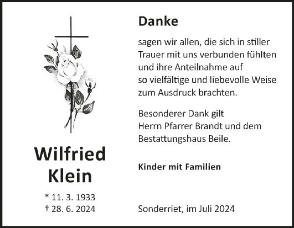  Traueranzeige für Wilfried Klein vom 20.07.2024 aus Fränkische Nachrichten