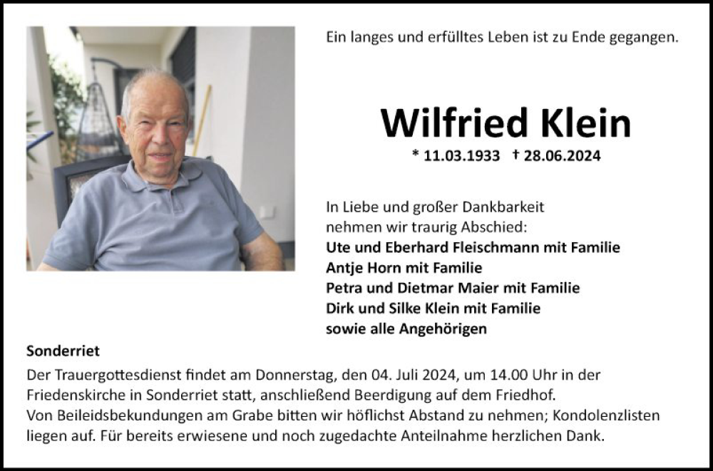  Traueranzeige für Wilfried Klein vom 02.07.2024 aus Fränkische Nachrichten