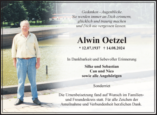 Traueranzeige von Alwin Oetzel von Fränkische Nachrichten