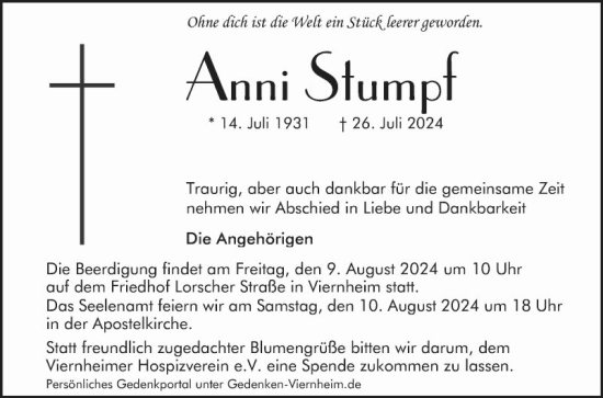 Traueranzeige von Anni Stumpf von Mannheimer Morgen