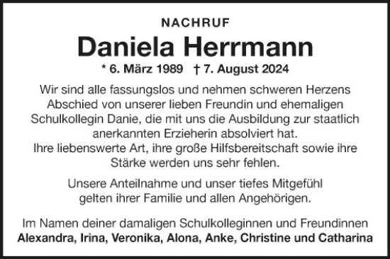 Traueranzeige von Daniela Herrmann von Fränkische Nachrichten