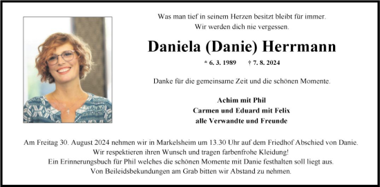 Traueranzeige von Daniela Herrmann von Fränkische Nachrichten