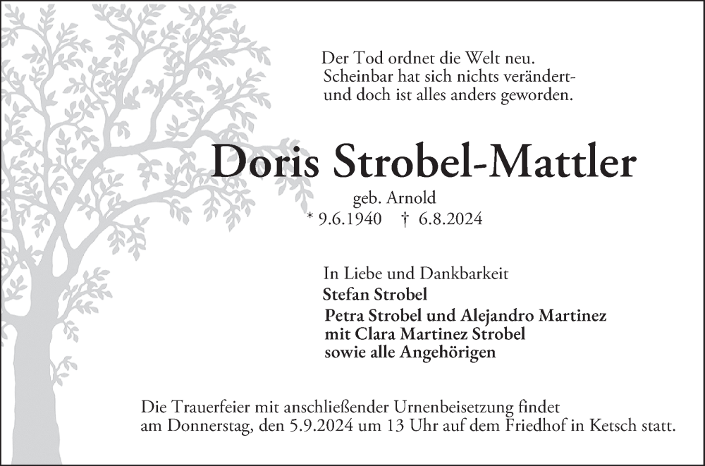  Traueranzeige für Dois Strobel-Mattler vom 31.08.2024 aus Schwetzinger Zeitung