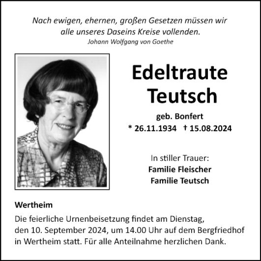  Traueranzeige für Edeltraute Teutsch vom 24.08.2024 aus Fränkische Nachrichten