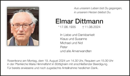 Traueranzeige von Elmar Dittmann von Fränkische Nachrichten