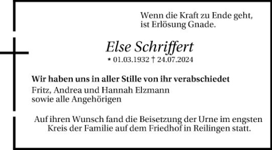 Traueranzeige von Else Schriffert von Schwetzinger Zeitung