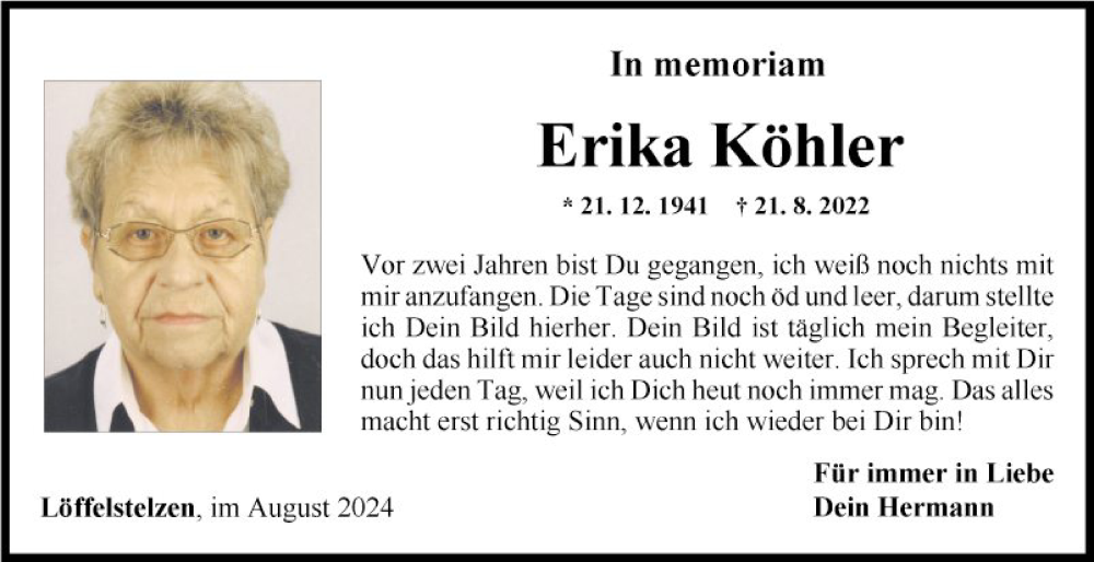  Traueranzeige für Erika Köhler vom 21.08.2024 aus Fränkische Nachrichten