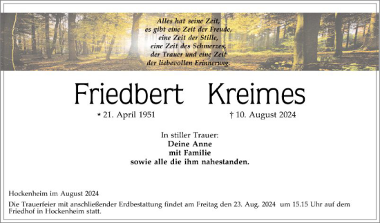 Traueranzeige von Friedbert Kreimes von Schwetzinger Zeitung