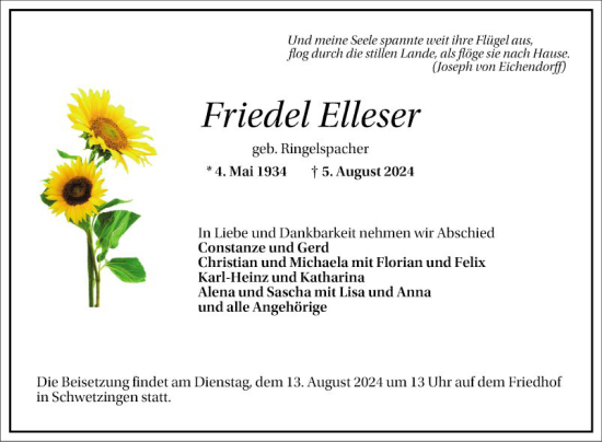 Traueranzeige von Friedel Elleser von Schwetzinger Zeitung