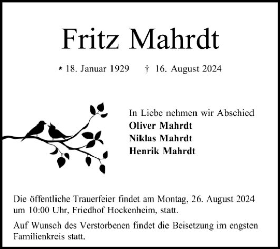 Traueranzeige von Fritz Mahrdt von Mannheimer Morgen