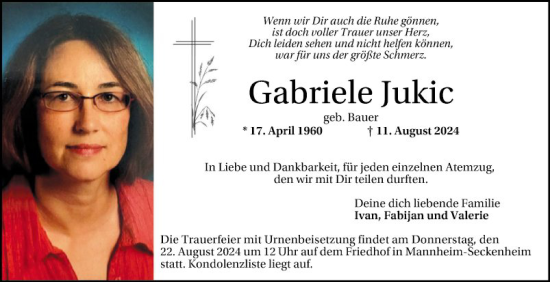 Traueranzeige von Gabriele Jukic von Mannheimer Morgen