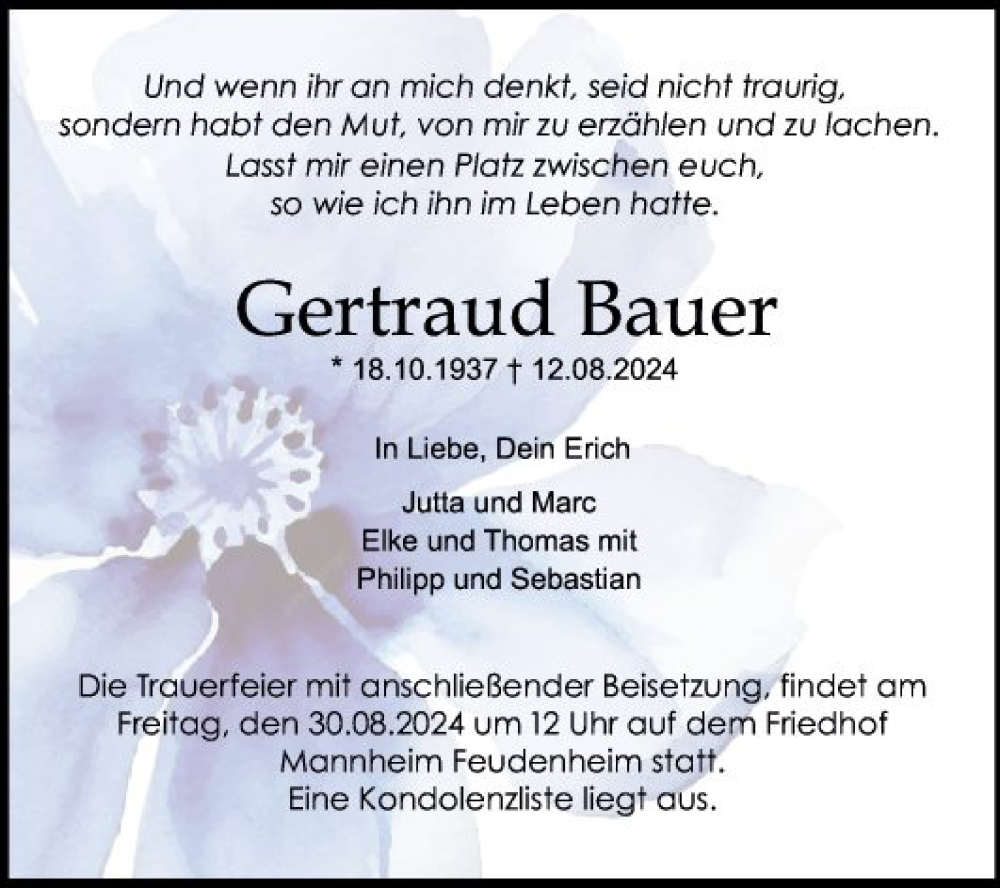  Traueranzeige für Gertraud Bauer vom 17.08.2024 aus Mannheimer Morgen