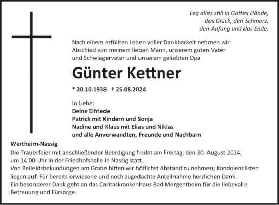 Traueranzeige von Günter Kettner von Fränkische Nachrichten
