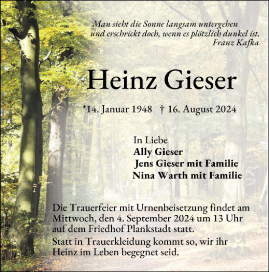 Traueranzeige von Heinz Gieser von Schwetzinger Zeitung