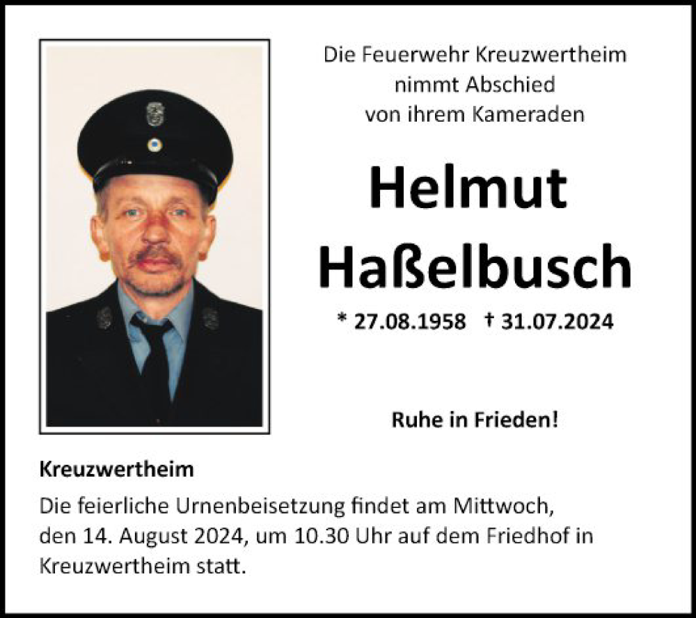  Traueranzeige für Helmut Haßelbusch vom 10.08.2024 aus Fränkische Nachrichten