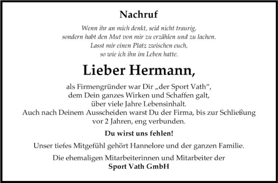 Traueranzeige von Hermann  von Fränkische Nachrichten