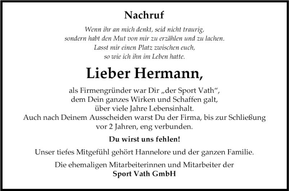  Traueranzeige für Hermann  vom 13.08.2024 aus Fränkische Nachrichten