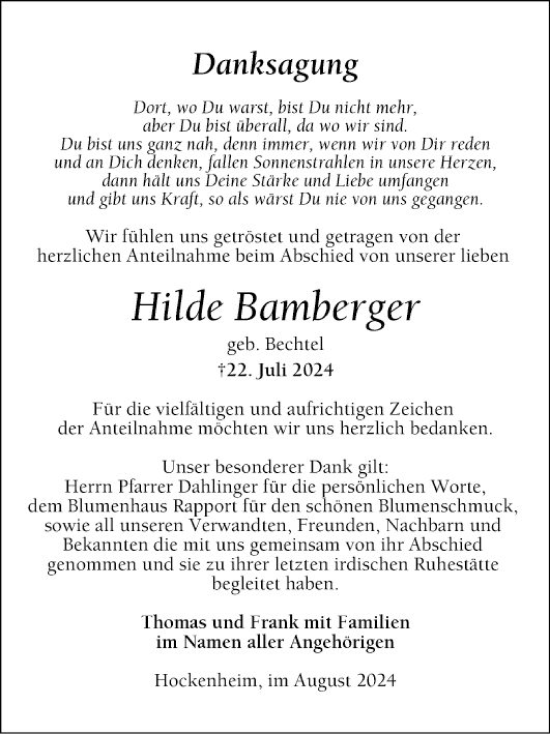 Traueranzeige von Hilde Bamberger von Schwetzinger Zeitung