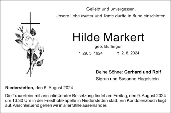 Traueranzeige von Hilde Markert von Fränkische Nachrichten