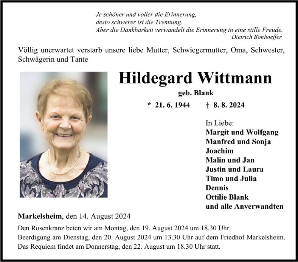  Traueranzeige für Hildegard Wittmann vom 14.08.2024 aus Fränkische Nachrichten