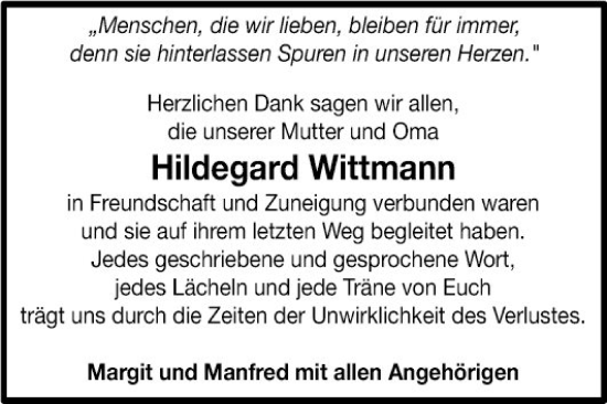 Traueranzeige von Hildegard Wittmann von Fränkische Nachrichten