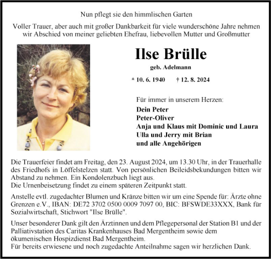 Traueranzeige von Ilse Brülle von Fränkische Nachrichten