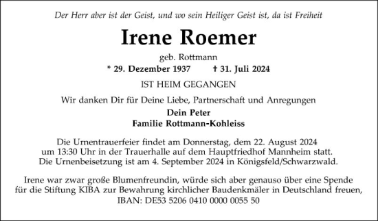 Traueranzeige von Irene Roemer von Mannheimer Morgen