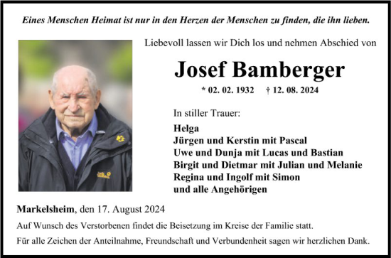 Traueranzeige von Josef Bamberger von Fränkische Nachrichten