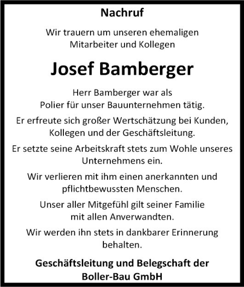  Traueranzeige für Josef Bamberger vom 21.08.2024 aus Fränkische Nachrichten