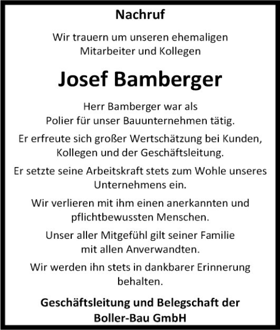 Traueranzeige von Josef Bamberger von Fränkische Nachrichten