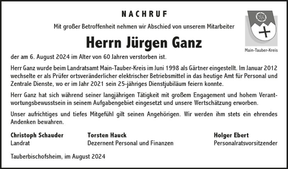  Traueranzeige für Jürgen Ganz vom 10.08.2024 aus Fränkische Nachrichten