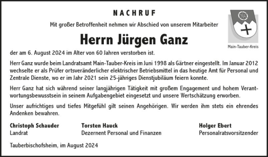 Traueranzeige von Jürgen Ganz von Fränkische Nachrichten