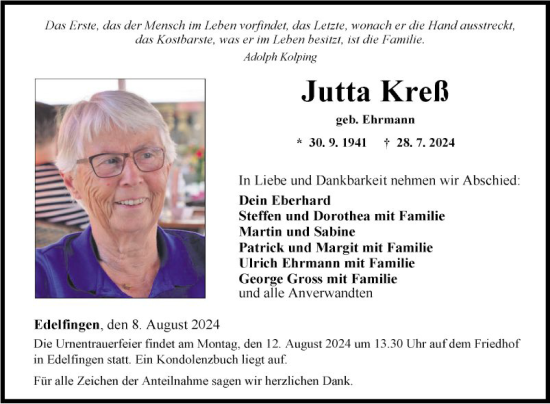 Traueranzeige von Jutta Kreß von Fränkische Nachrichten